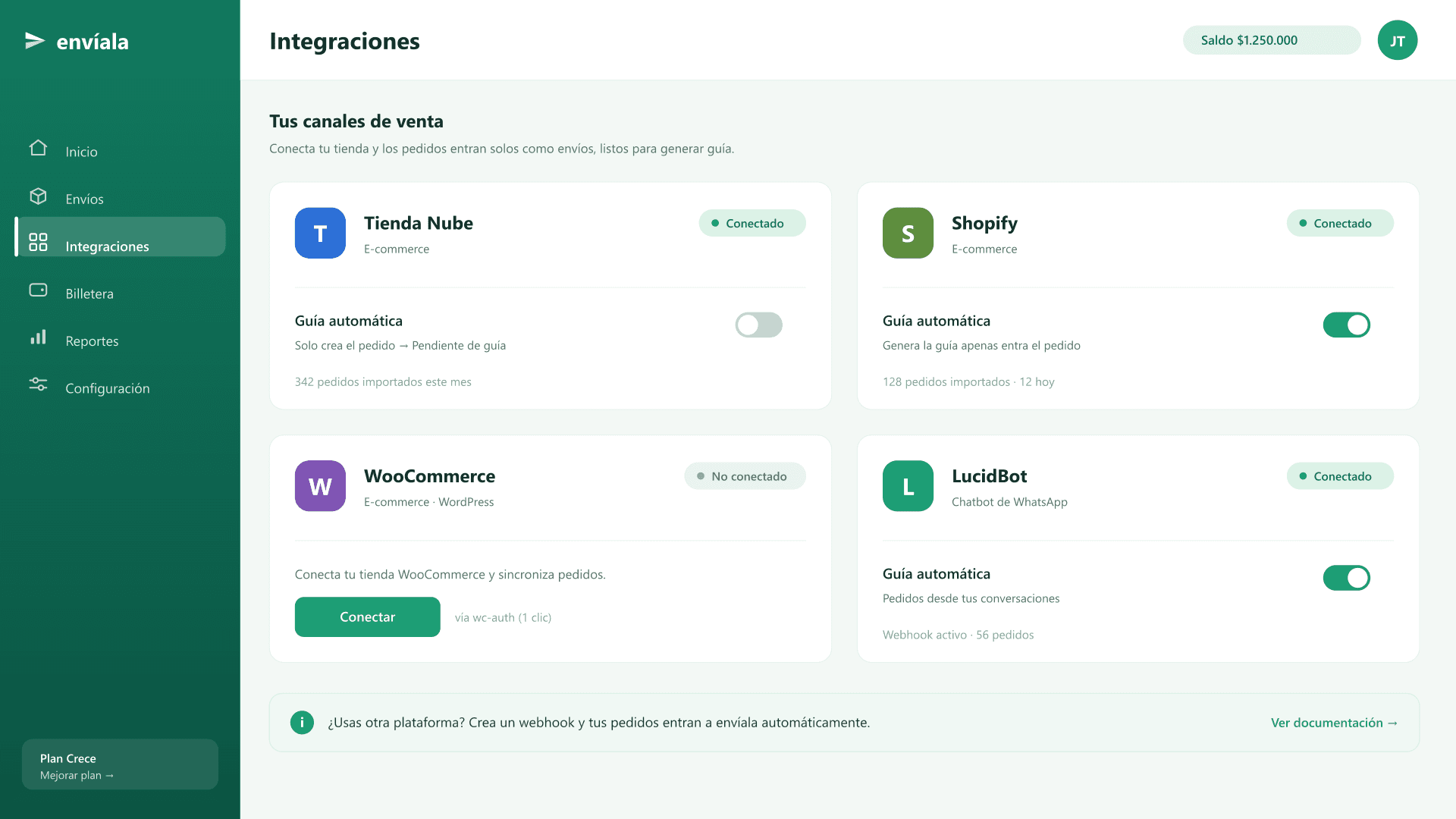 Pantalla de integraciones de envíala con Tienda Nube, Shopify, WooCommerce y LucidBot conectados
